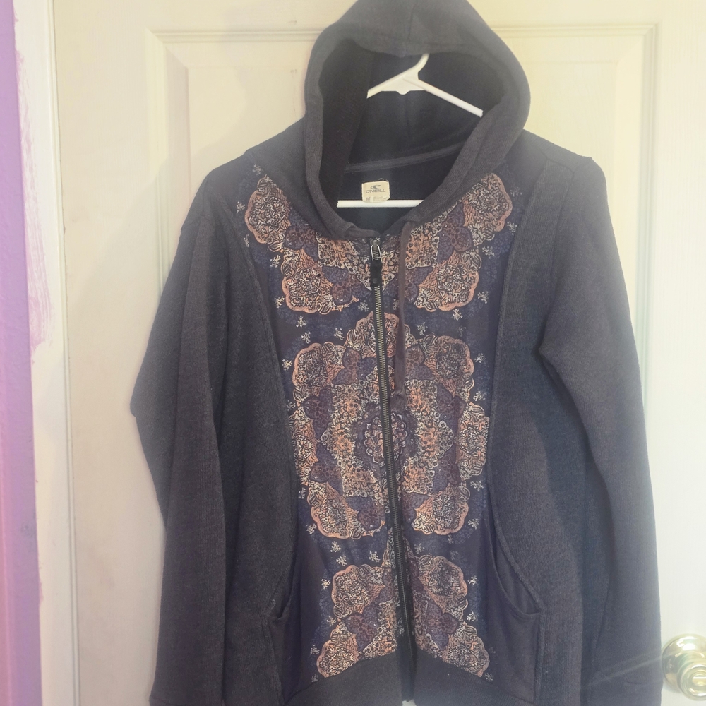 Women's Gray Hooded Jacket with Patterned Design